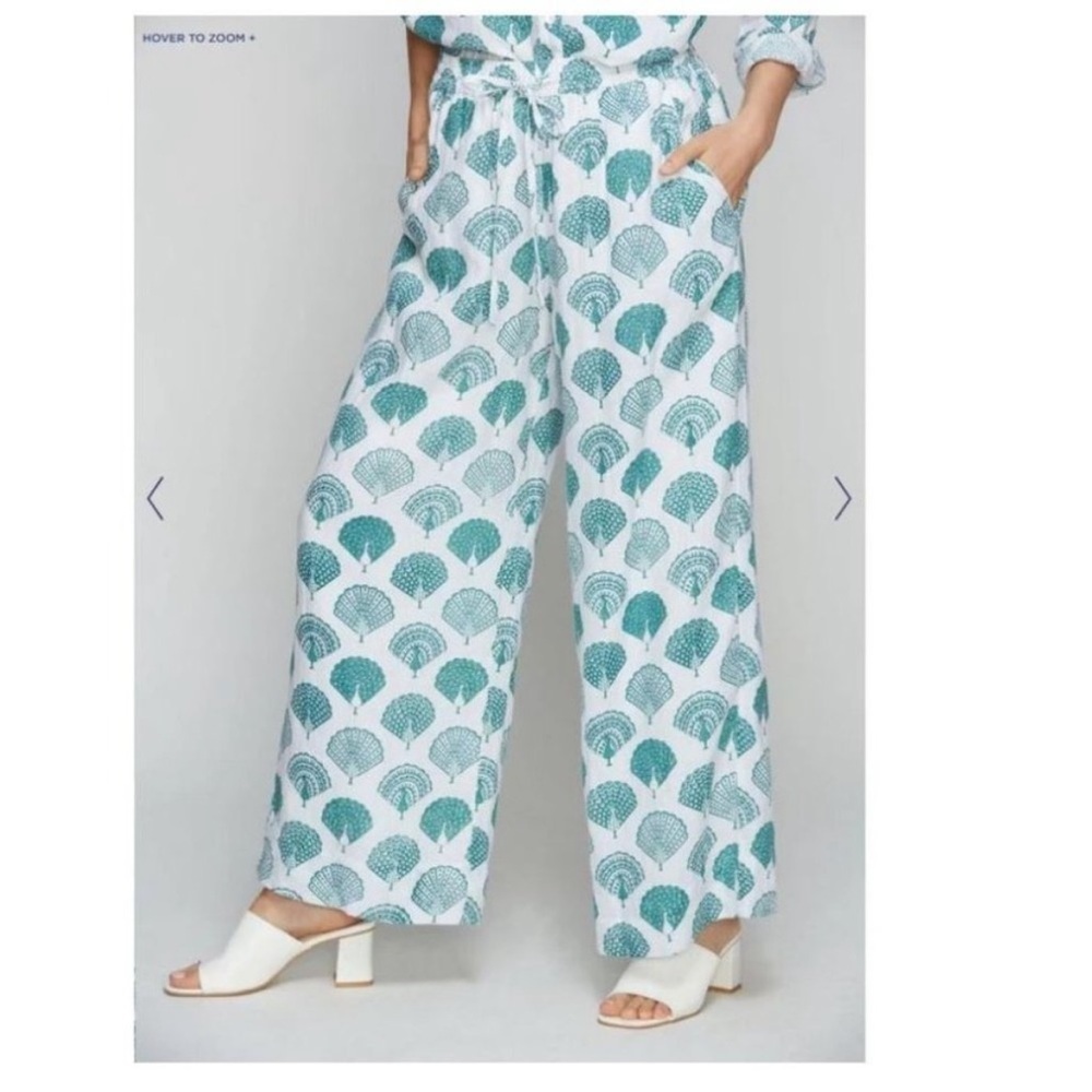 Roller Rabbit 100% Linen Peacock Wide leg culottes pants size XS boho beach flow